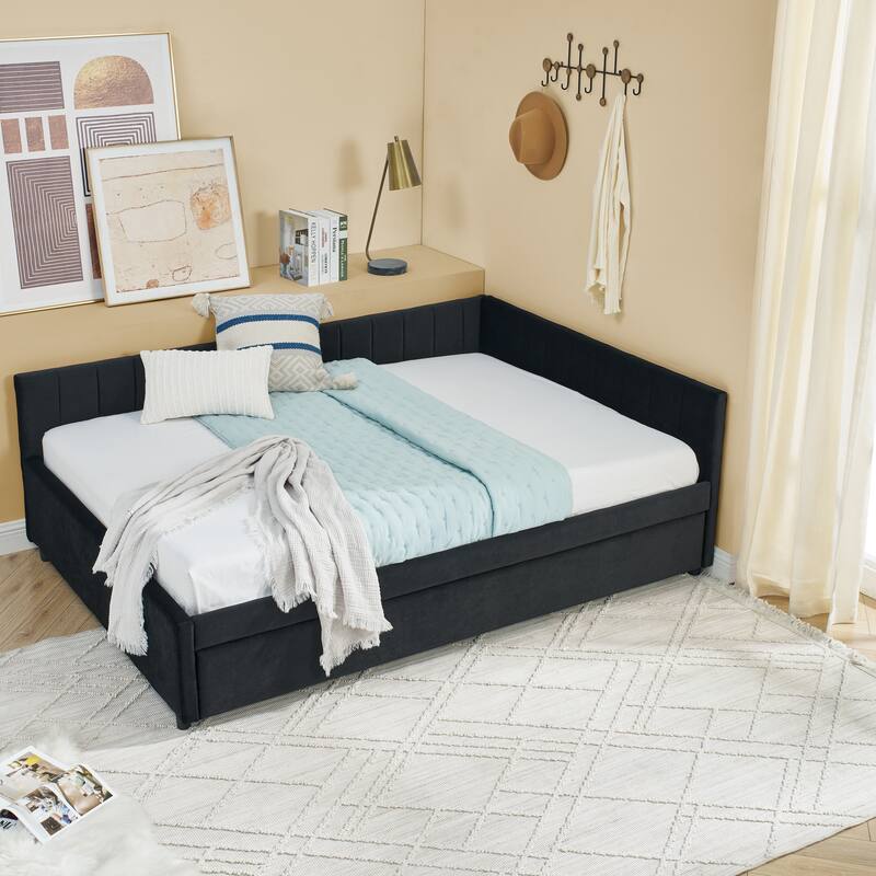 Luxury Full-Size Tufted Daybed with Trundle‌ – Upholstered Velvet Sofa Bed with Supportive Backrest & Armrests (Elegant Black).