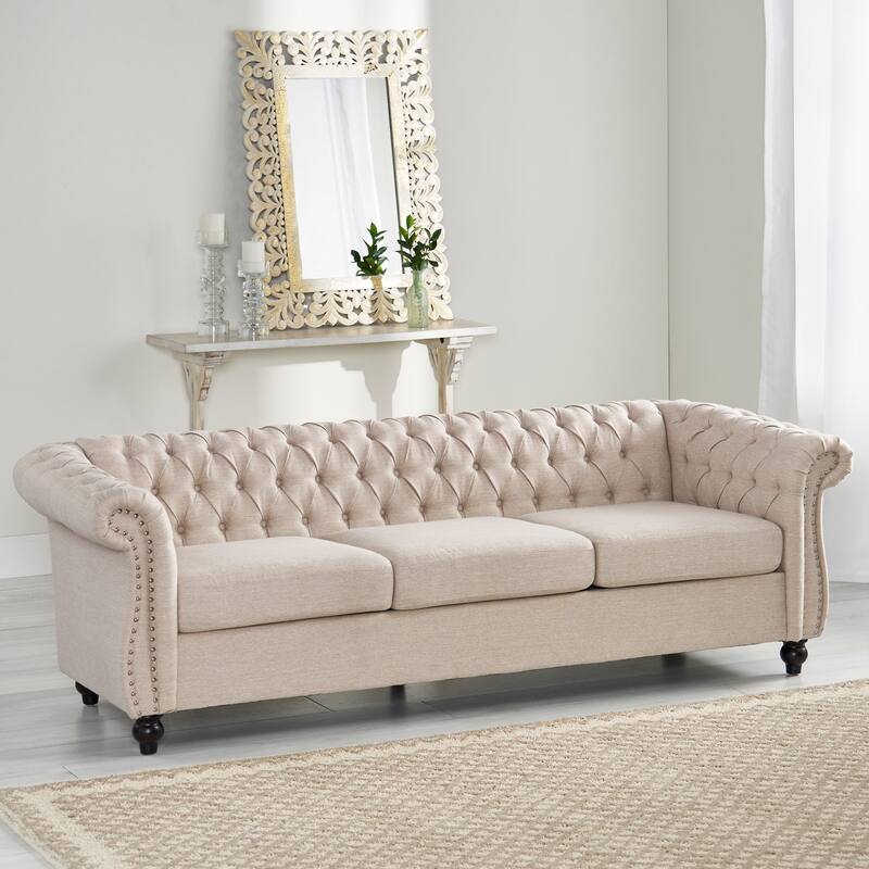 Modern 3-Seat Chesterfield Botton Tufted Sofa with Scrolled Arms