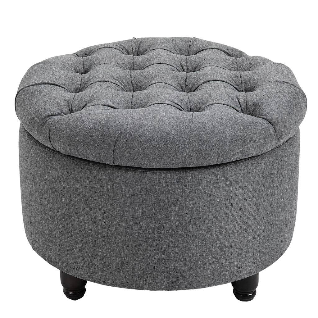 Round Linen-touch Fabric Storage Footstool Ottoman Button Tufted Footrest with Removable Lid