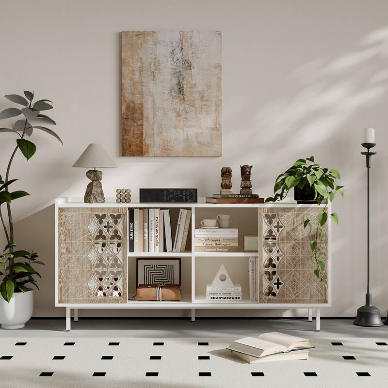 Anmytek Rustic White Accent Cabinet with Geometric Sliding Doors Mid Century Storage Sideboard for Living Room