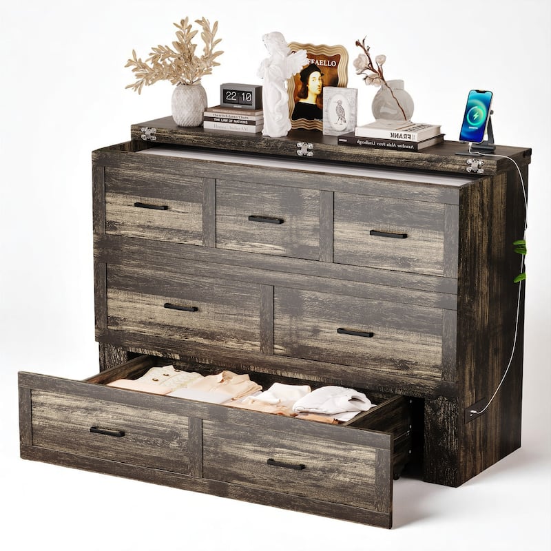 Foldable Murphy Bed Cabinet Full/Queen with USB & Type-C Ports and Storage Drawer for Guest Room - Grey - Queen
