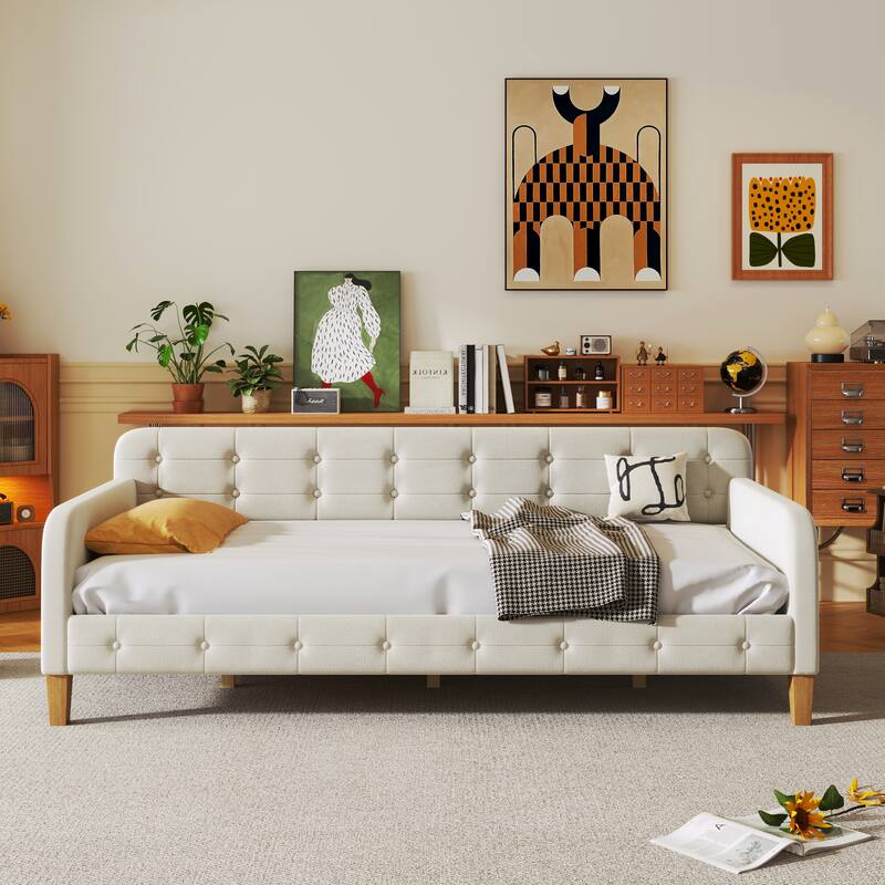 Twin Size Velvet Upholstered Daybed Frame with Tufted Backrest & 4 Legs