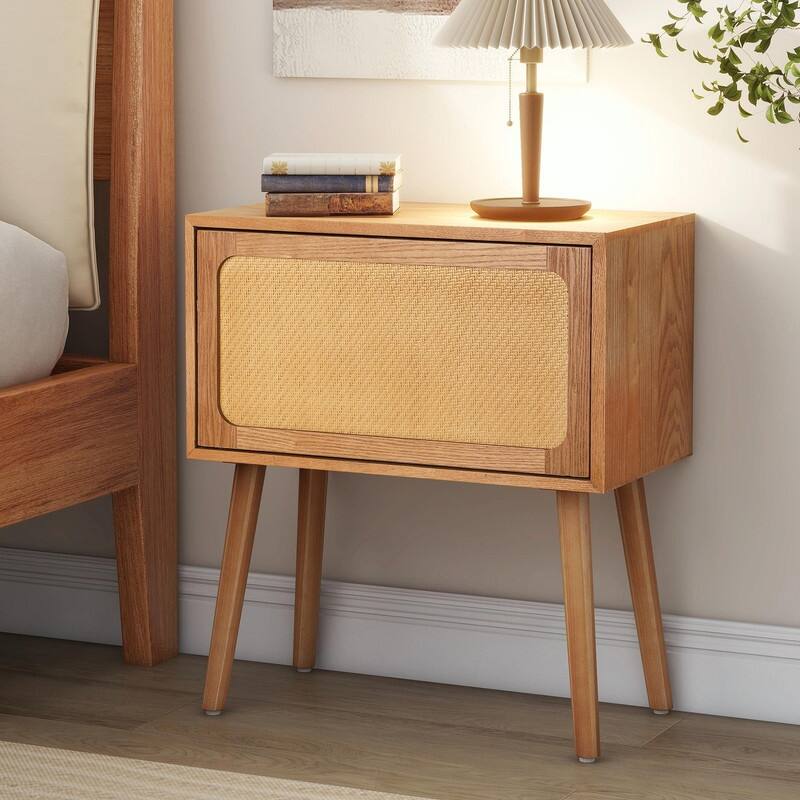 Mid-Century Modern Rattan Nightstand with Rotating Hidden Compartment and Wood Legs