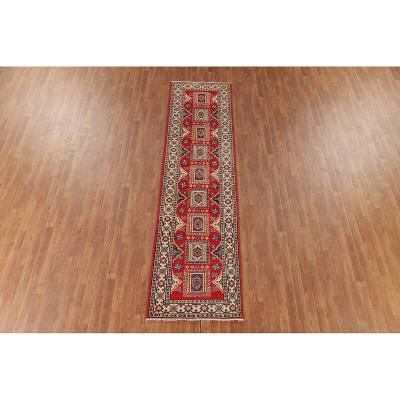 Geometric Kazak Runner Rug Hand-Knotted Wool Carpet - 2'8" x 10'1"
