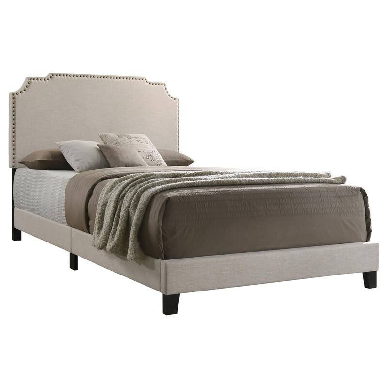 Beige Queen Panel Bed with Nailhead Trim and Art Deco Headboard