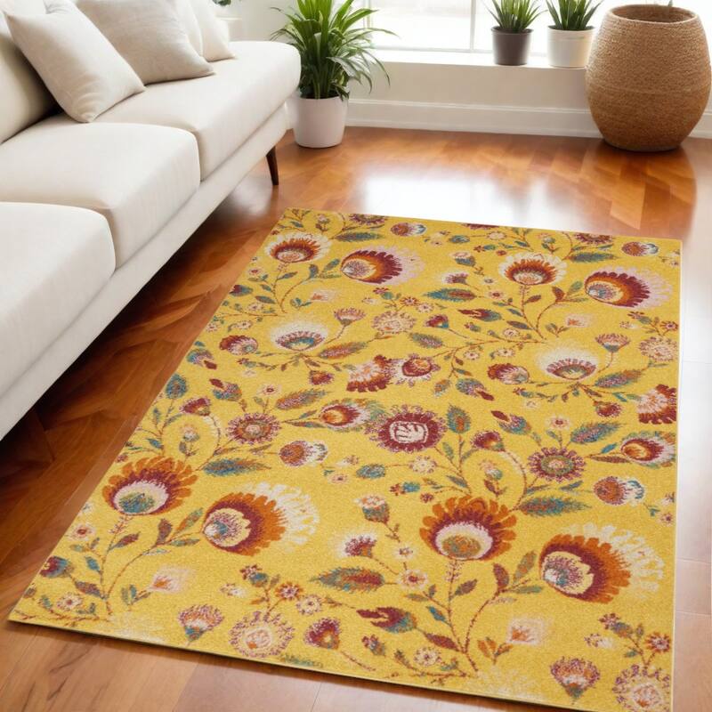 Power Loomed Floral Traditional Low Pile Area Rug - 87' X '63' X '0.25 - 87' X '63' X '0.25 - Yellow - Rectangle