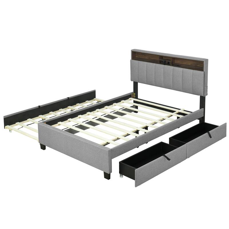Full Size Upholstered Platform Bed with Storage Headboard, Twin XL Trundle, and Two Drawers