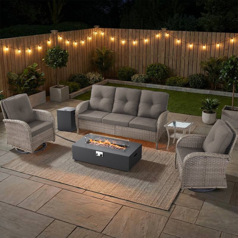 Pocassy Outdoor 5-Piece Sofa Swivel Chair with Fire Pit Table - Gray Wicker Gray Cushion - 5-Piece Sofa Swivel Chair with Fire Pit Table