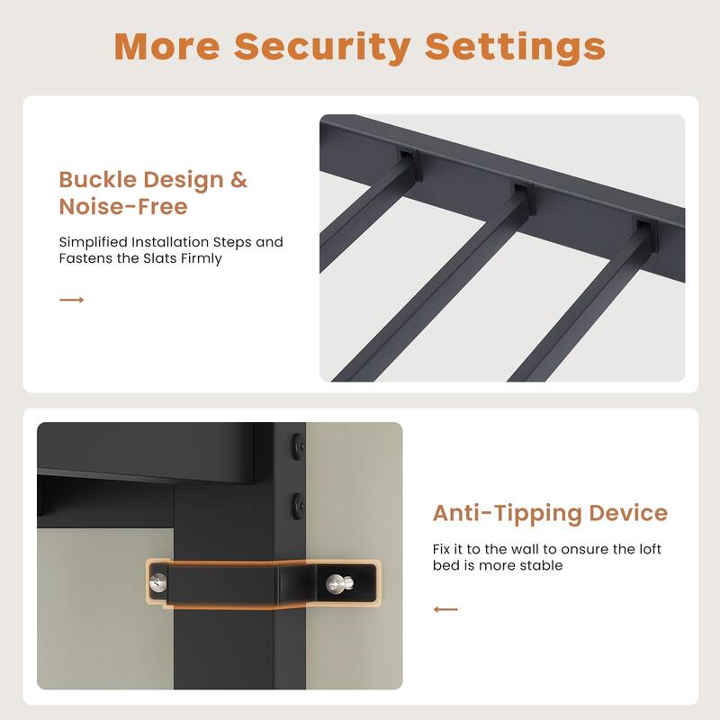Full Metal LED Loft Bed Frame with L-shaped Desk, Charging Cradle and 2 Fabric Drawers