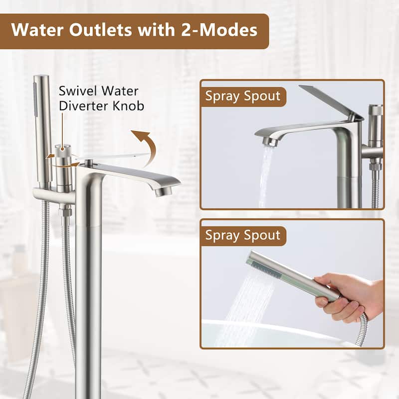 Bathtub Faucet, Floor Mount Free Standing Bathtub Faucet Tub Filler w/ Handheld Shower