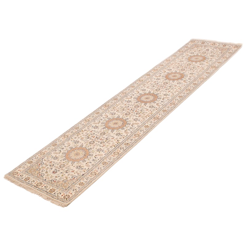 ECARPETGALLERY Hand-knotted Nain Cream Silk, Wool Rug - 2'8 x 12'2