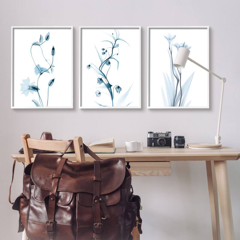 Stupell Aesthetic Minimalist Blue Botanical Floral Design Framed 3 Piece Wall Art - White