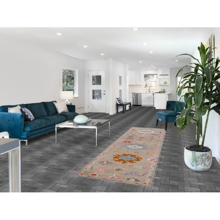 Hand Knotted Oriental 100% Wool Carpet Transitional Floral Greys & Charcoal Oushak Runner Rug - 9' 11'' X 2' 9''