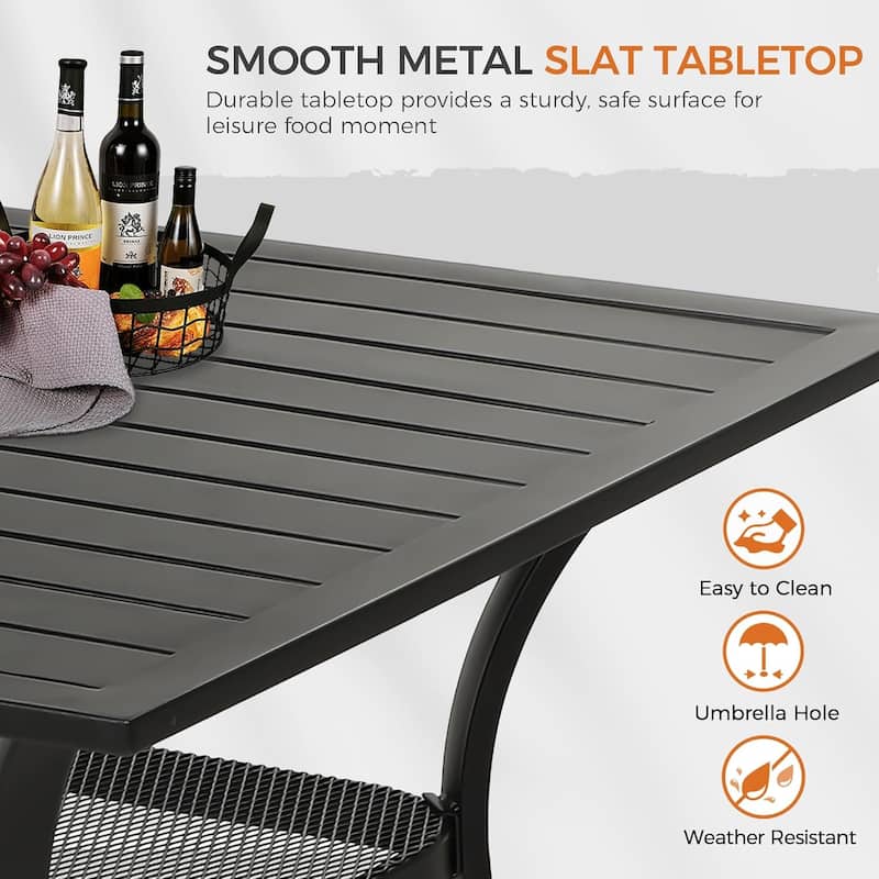 37" Black Square Outdoor Patio Metal Steel Slatted Dining Table with Umbrella Hole