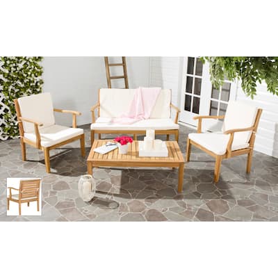 SAFAVIEH Outdoor Living Fresno Brown Acacia Wood 4-piece Beige Cushion Patio Set