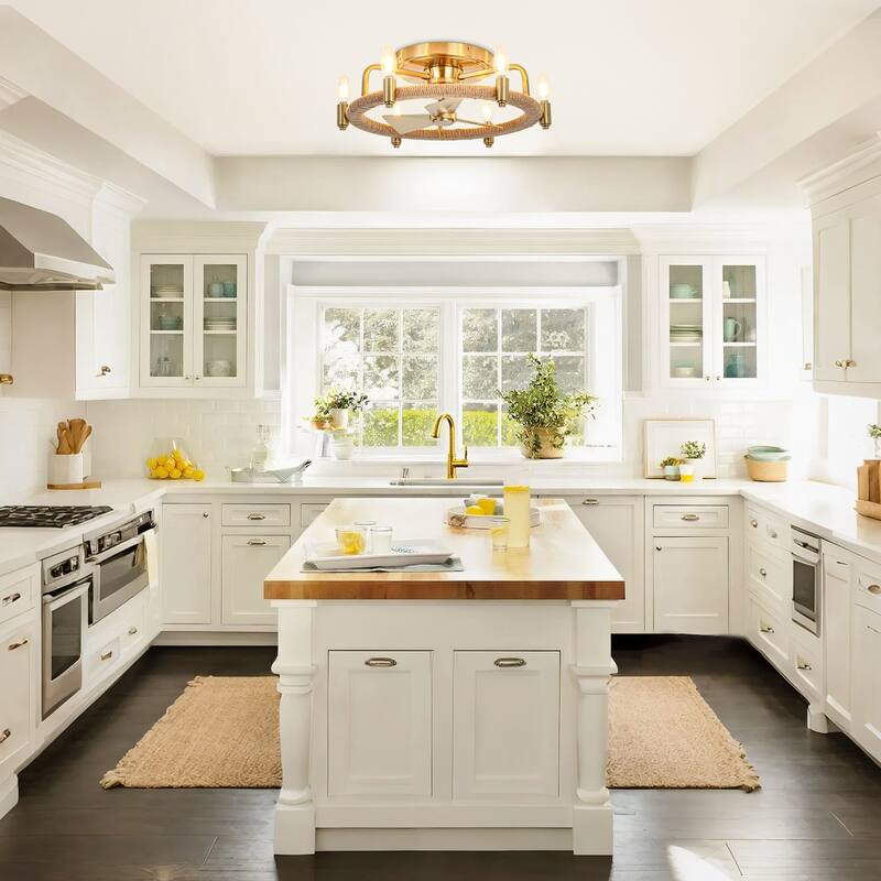 20" Gold Farmhouse Hemp Rope Low Profile Ceiling Fan with Light and Remote - 20.3 in. W × 6.5 in. H