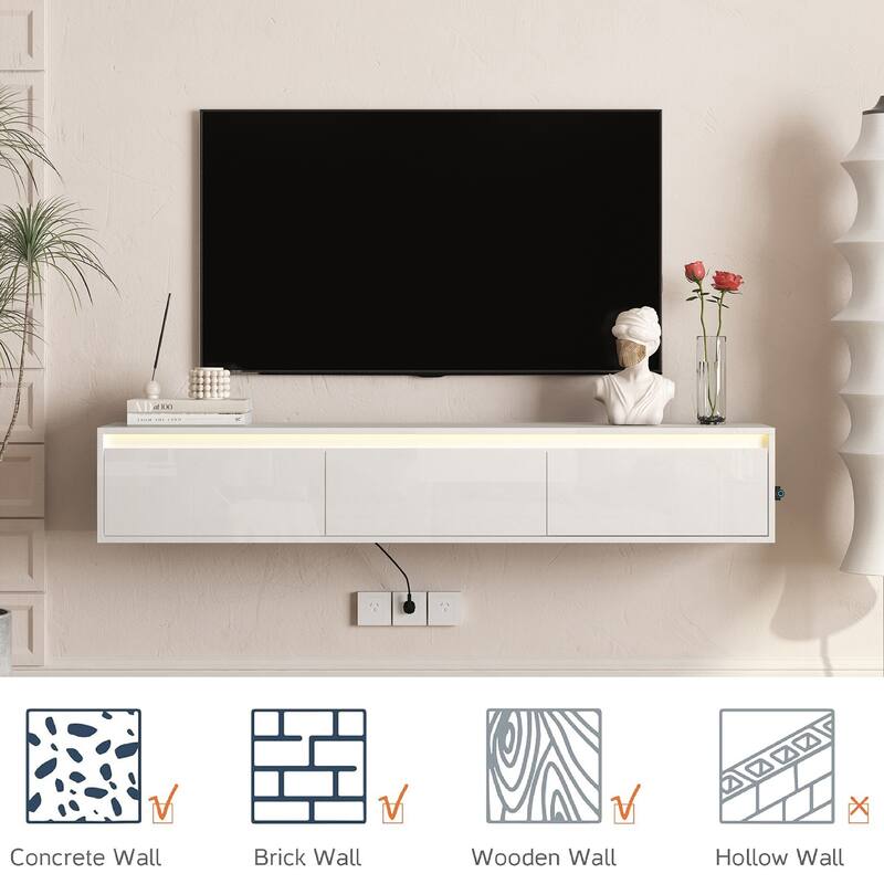 Floating TV Stand Cabinet with LED Lights, Wall Mounted TV Console with Power Outlet