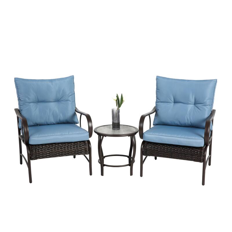 3-Piece Modern Rattan Patio Conversation Set with Coffee Table - Blue