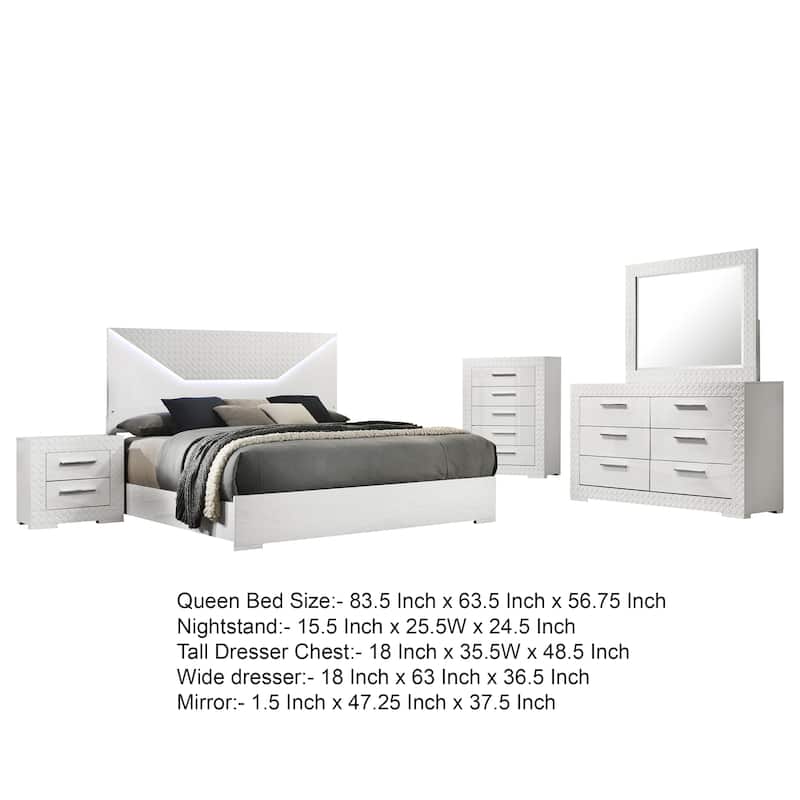 Ivon 5pc Queen Bedroom Set, Diamond Embossed, White High Gloss, LED