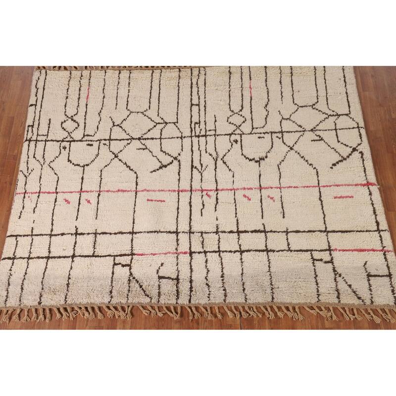 Ivory Moroccan Oriental Area Rug Handmade Wool Carpet - 6'4" x 8'4"