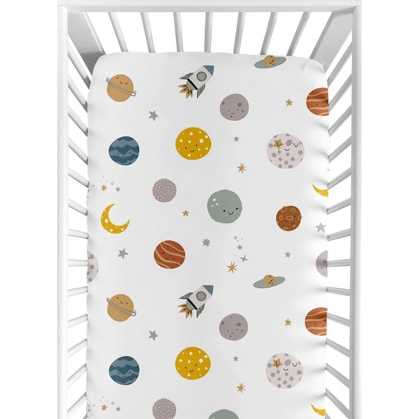 slide 2 of 6, Sweet Jojo Designs Space Themed Boy Fitted Crib Sheet - Moon & Stars, Whimsical, Outerspace, Galaxy Planets, Rockets Ship, Moons