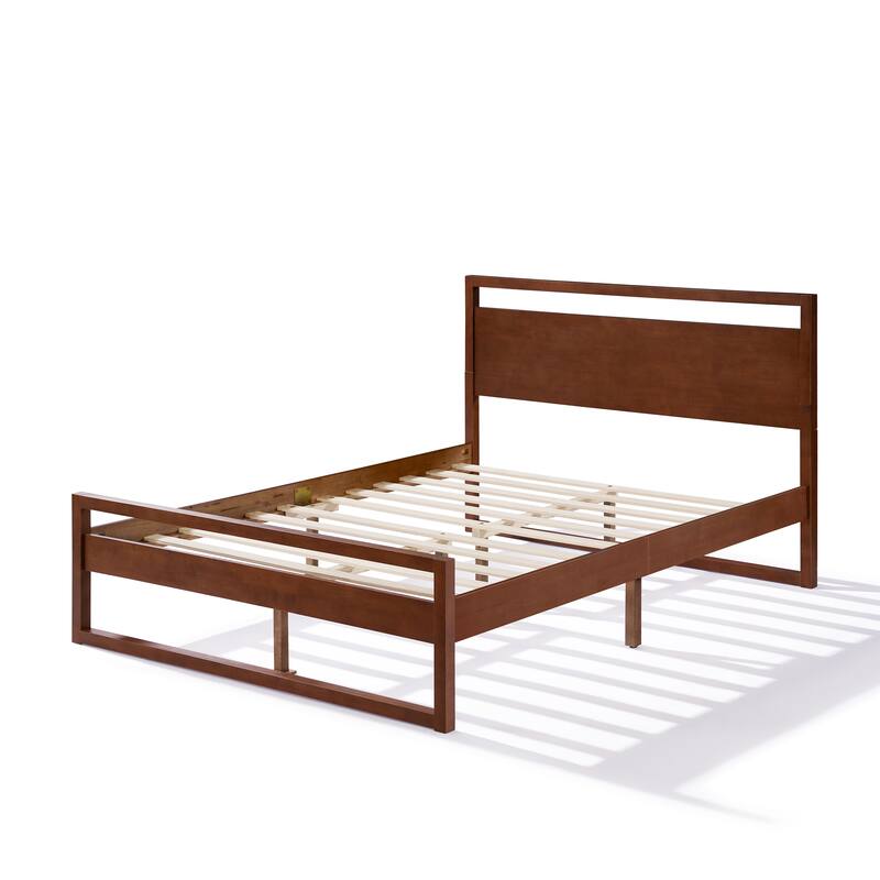 Roomfitters Queen Platform Bed Frame with Headboard, Solid Wood Mid-Century Mattress Foundation, 800lb Capacity, Walnut