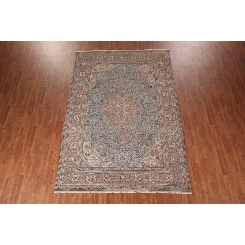 Light Blue Geometric Tabriz Persian Vintage Rug Handmade Wool Carpet - 7'8"x 11'5"