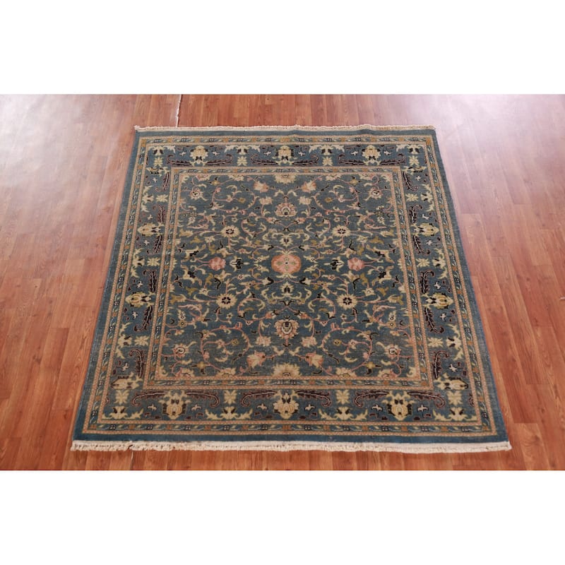 Floral Blue Oushak Vegetable Dye Square Rug Hand-Knotted Wool Carpet - 5'2" x 5'5"