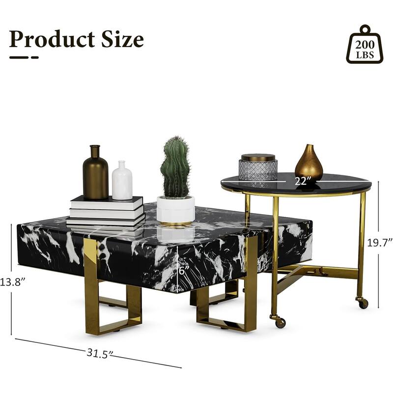 Modern Luxury Square Faux Marble Coffee Table Set Nesting Coffee Table with End Table