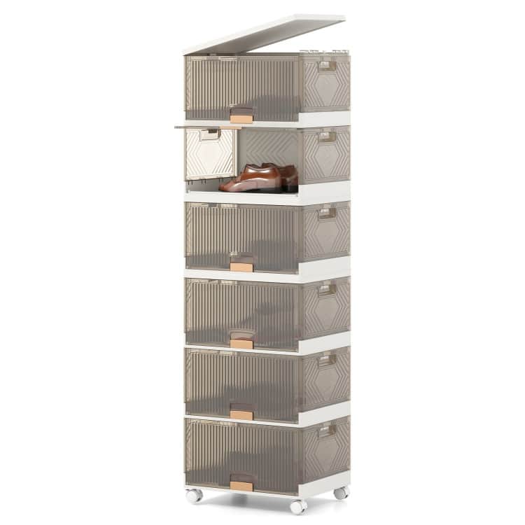 White-Brown PP and ABS Stackable Storage Bin with Wheels, Foldable Cubes