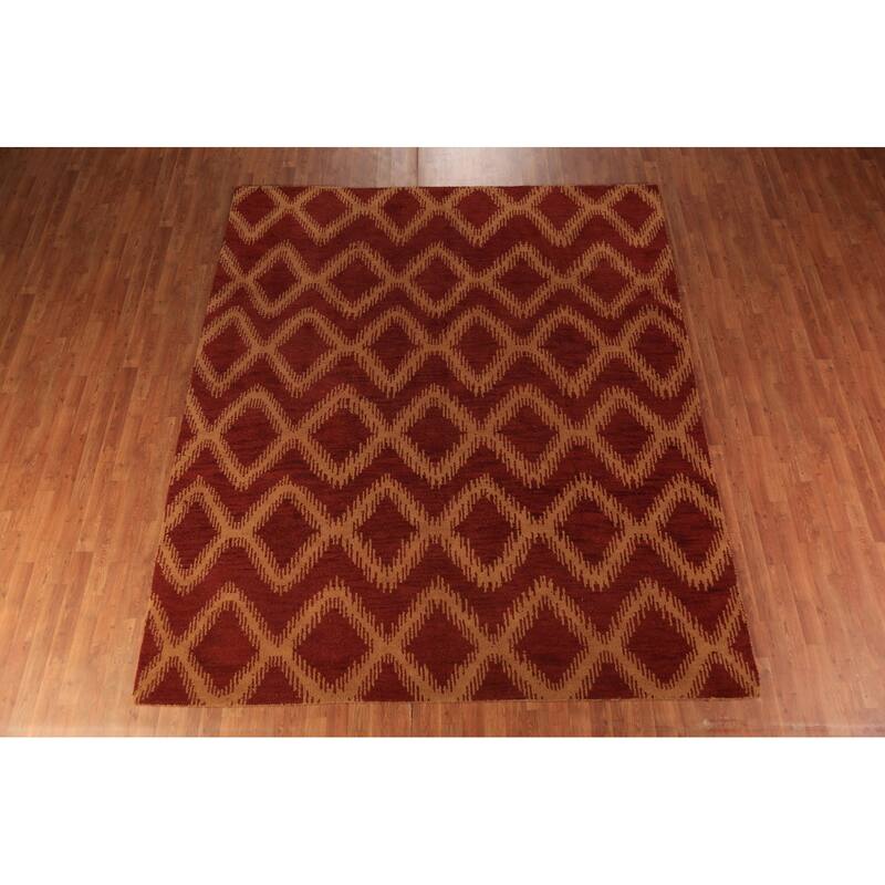 Hand Knotted Oriental 100% Wool Carpet Modern Geometric Red Moroccan Area Rug - 9' 7'' X 7' 11''