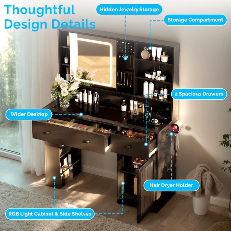 Particle Board Veneered , 2 Drawers, 1 Glass Door, Left and Right 2-tier Shelves, Glass Tabletop, Dressing Table - N/A