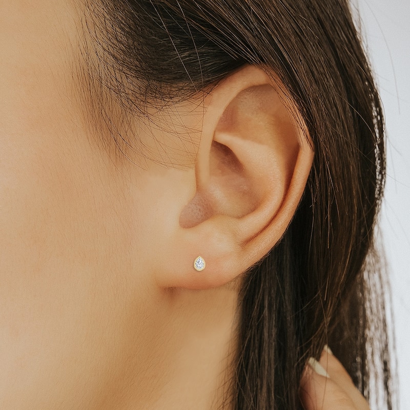 Marquee Lab Grown 1 Carat Pear Shaped Bezel Set Solitaire Diamond Earrings in 14K Yellow Gold