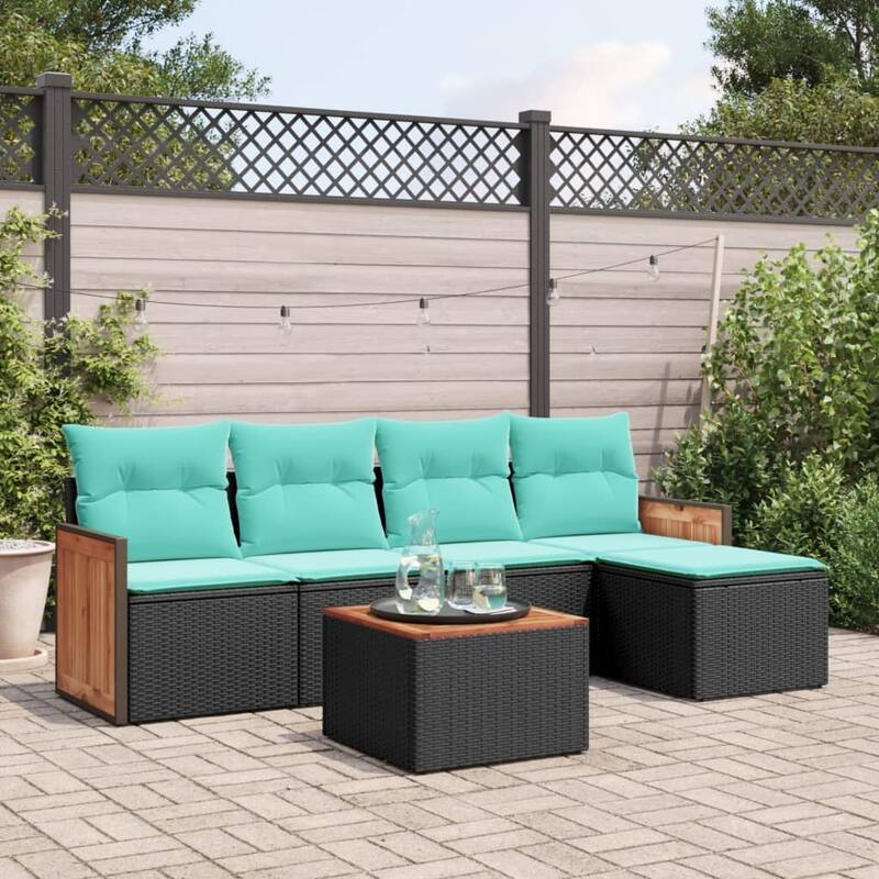 vidaXL 6 Piece Patio Sofa Set with Cushions Black Poly Rattan - 21.7 x 24.4 x 27.2