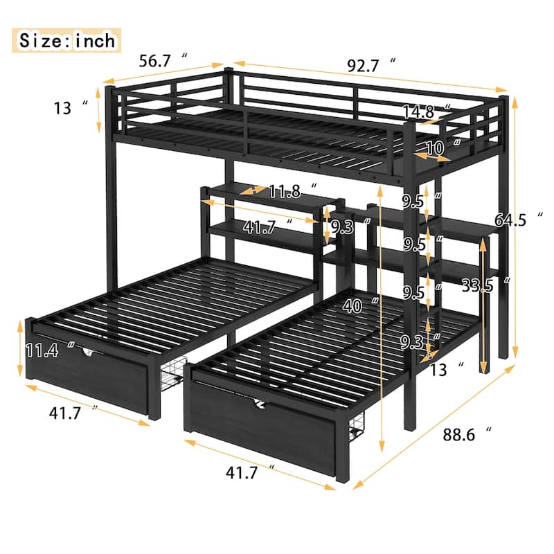 Full XL Over Twin Twin Triple Bunk Bed with Drawers, Metal Frame with Shelving Headboard and USB Ports