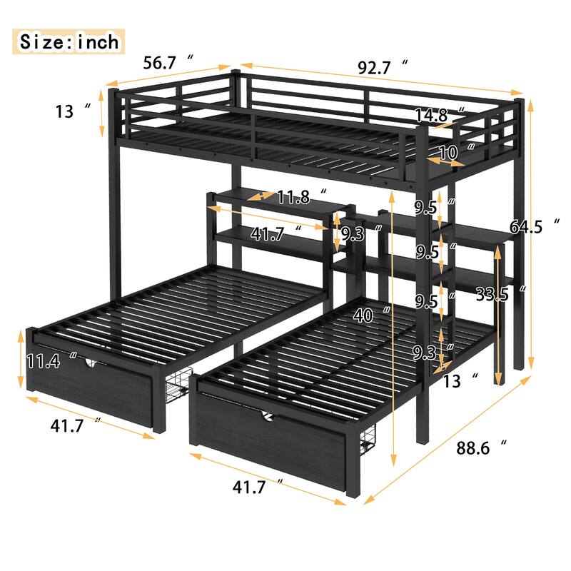 Roomfitters Full XL over Twin & Twin Triple Bunk Bed with Drawers, Metal Frame with USB and Shelves, Black