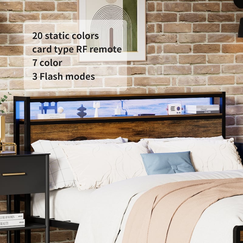 Antique Brown Queen Size Platform Bed with Storage Headboard,LED Light and Charging Station for Bedroom