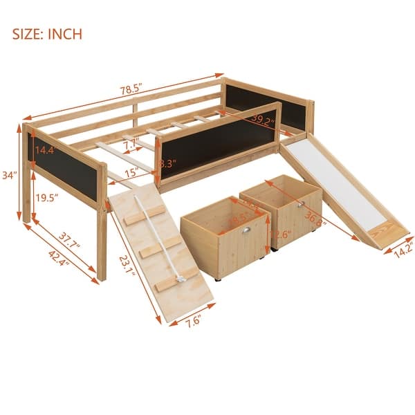 dimension image slide 0 of 3, Twin Loft Bed with Climbing Frame and Slide, Wooden Loft Bed with Chalkboard & Storage
