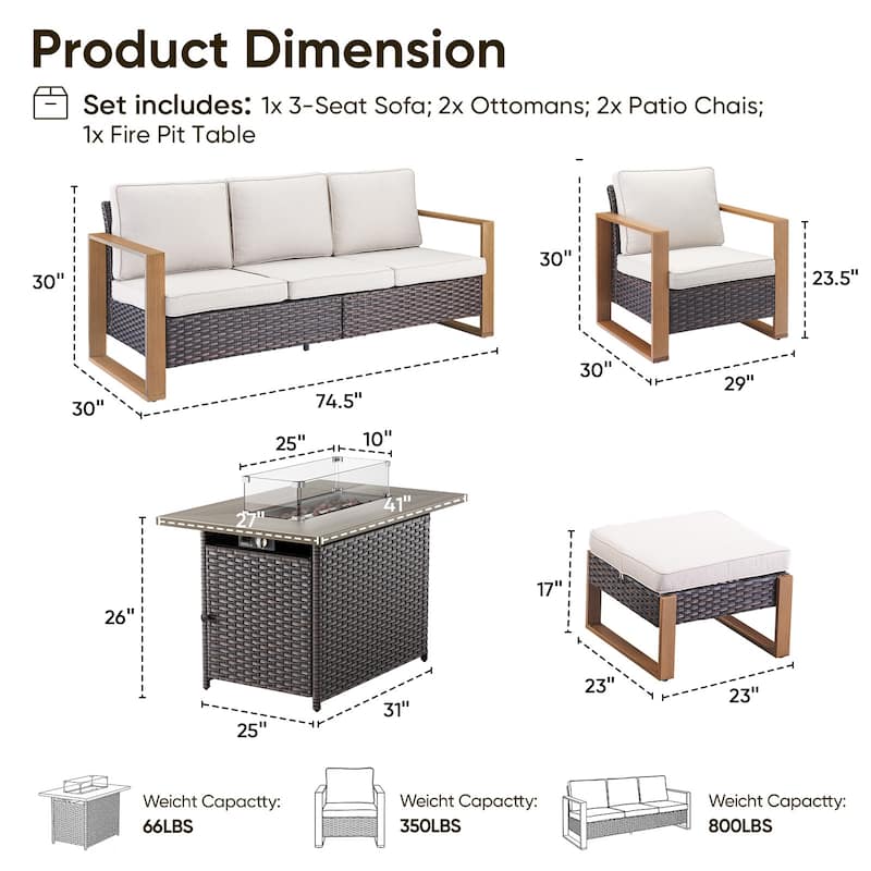 Pocassy Outdoor Wicker Sofa Patio Chair with Fire Table Set
