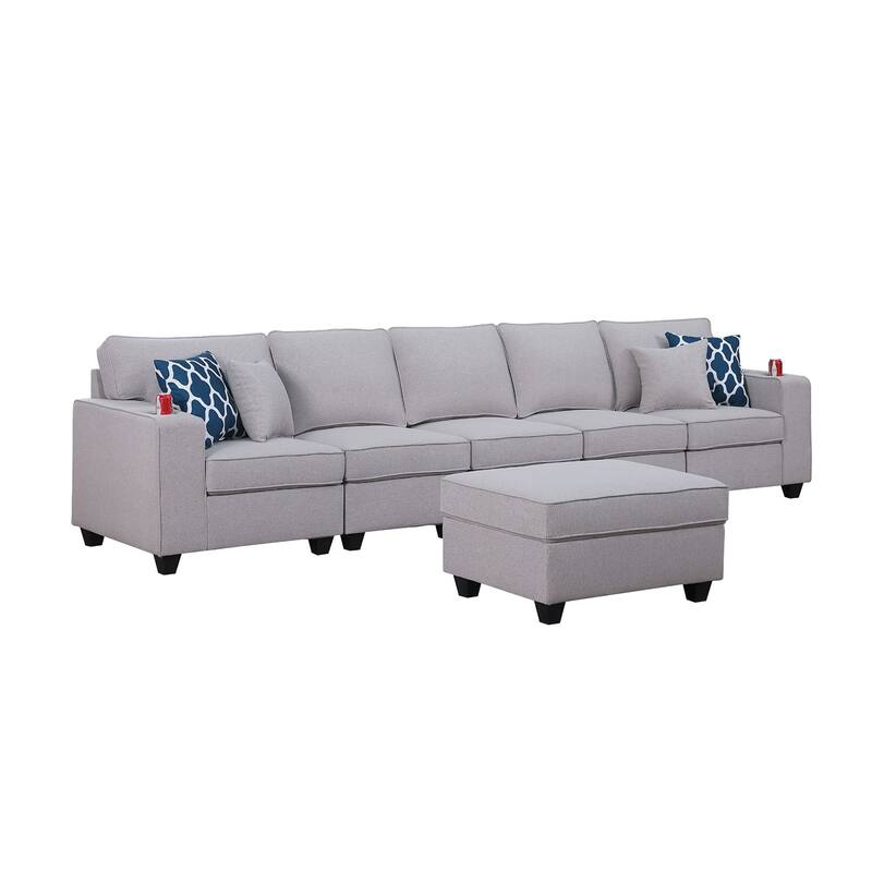 Linen Upholstered 5-Seater Sofa with Ottoman in Light Gray