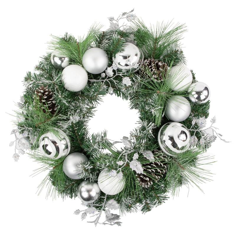 Green Pine Needle Wreath Pinecones Christmas Ornaments, 24", Unlit