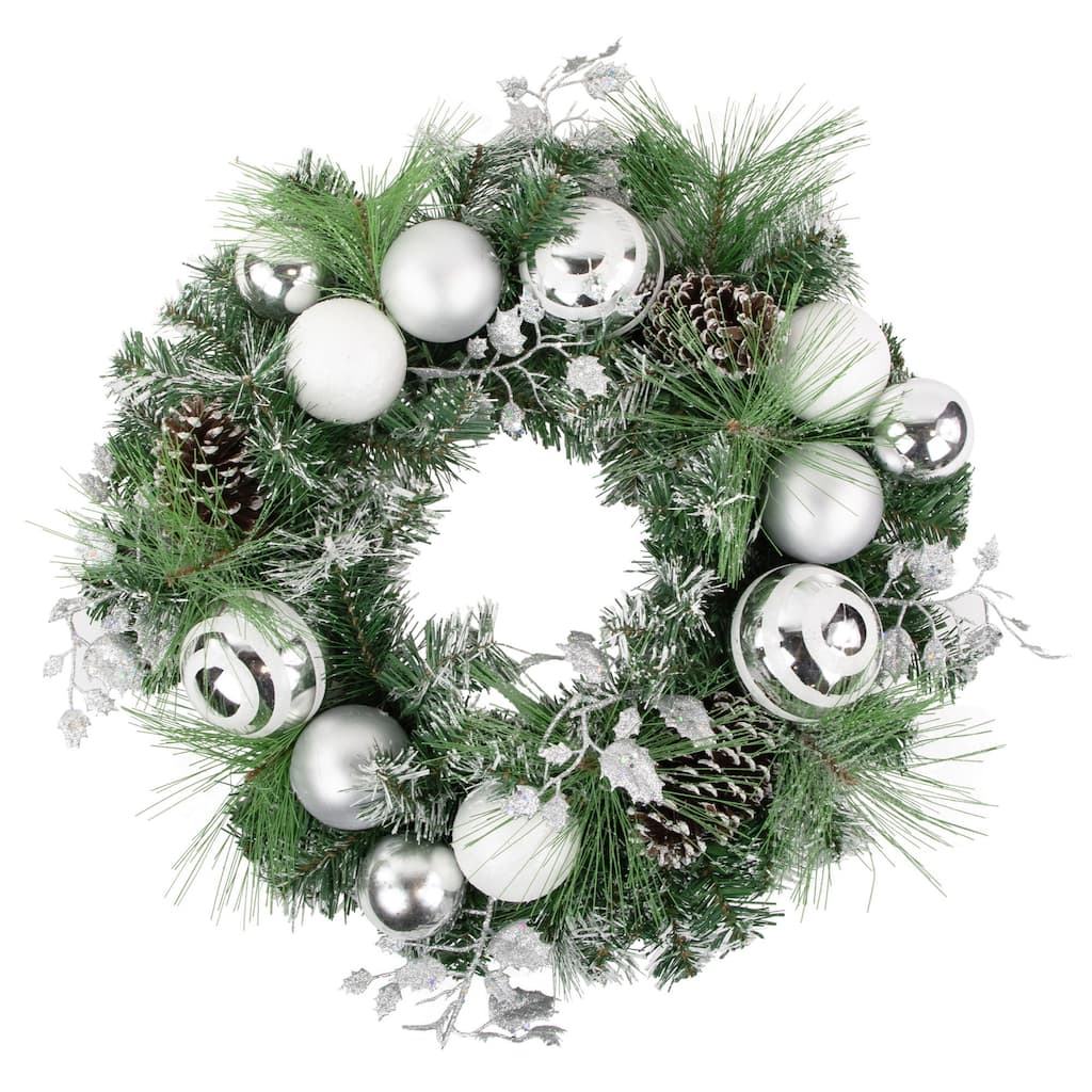 Green Pine Needle Wreath Pinecones Christmas Ornaments, 24", Unlit