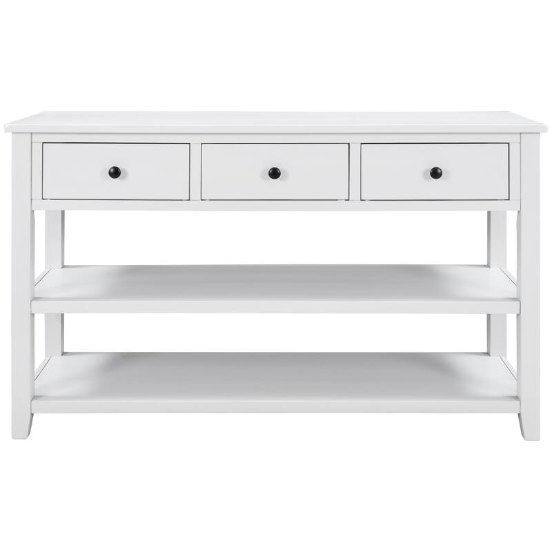 Retro Design Console Table with Two Open Shelves, Pine Solid Wood Frame and Legs for Living Room - White