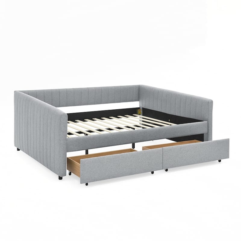 Vertical Stripes Linen Fabric Upholstered Sofa Bed with Two Drawers