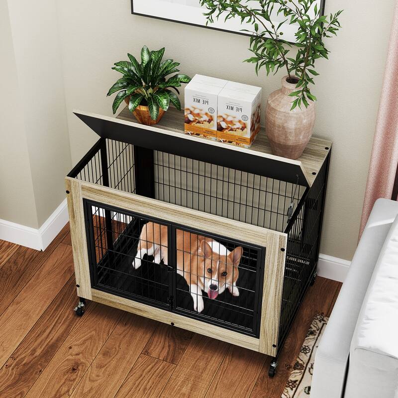Wooden Dog Crate/Kennel with Flip-Top, Tray and 3 Lockable Doors and Wheels - 38" x 25" x 30.5" (L x W x H)