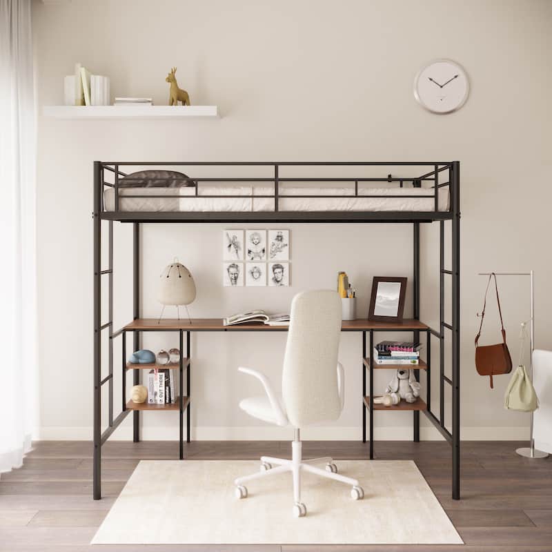 Black Twin Metal Loft Bed with Table & Shelves - Black