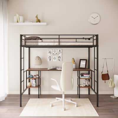 Black Twin Size Metal Loft Bed with Table, Shelves, Heavy-duty Sturdy Metal, Built-in Table, Safety Guardrail