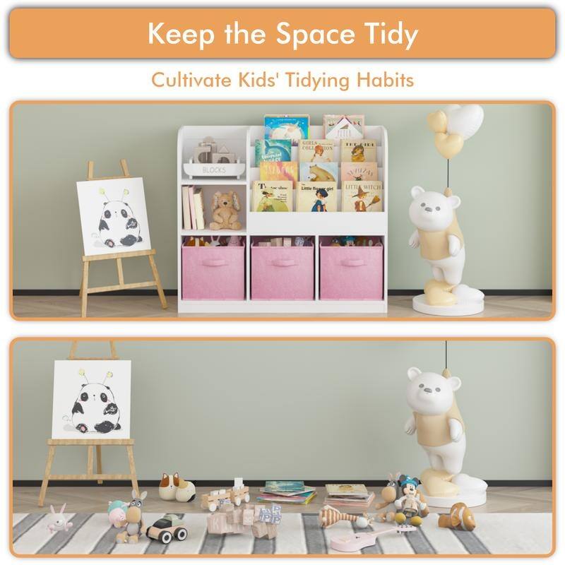 3-Tier Kids Bookcase with Collapsible Drawers & Anti-Tip Safety - Toy & Book Storage Shelf