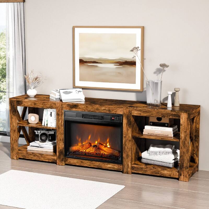 Farmhouse 70'' TV Stand For Tvs Up To 70'' With 23'' Electric Fireplace and Adjustable Shelves - Brown