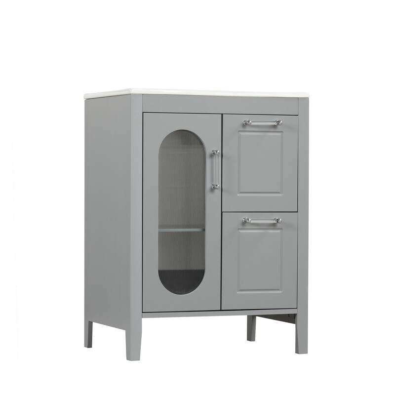 Bathroom Vanity with Sink, Vanity Set with Glass Door and 2 Drawers, Wooden Bathroom Cabinet with Adjustable Shelf